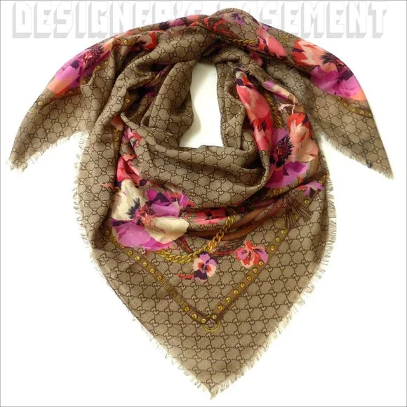 GUCCI pink Oshibana Flowers PANSHIE GG gold Chains giant 53"-square wool scarf - Picture 5 of 10